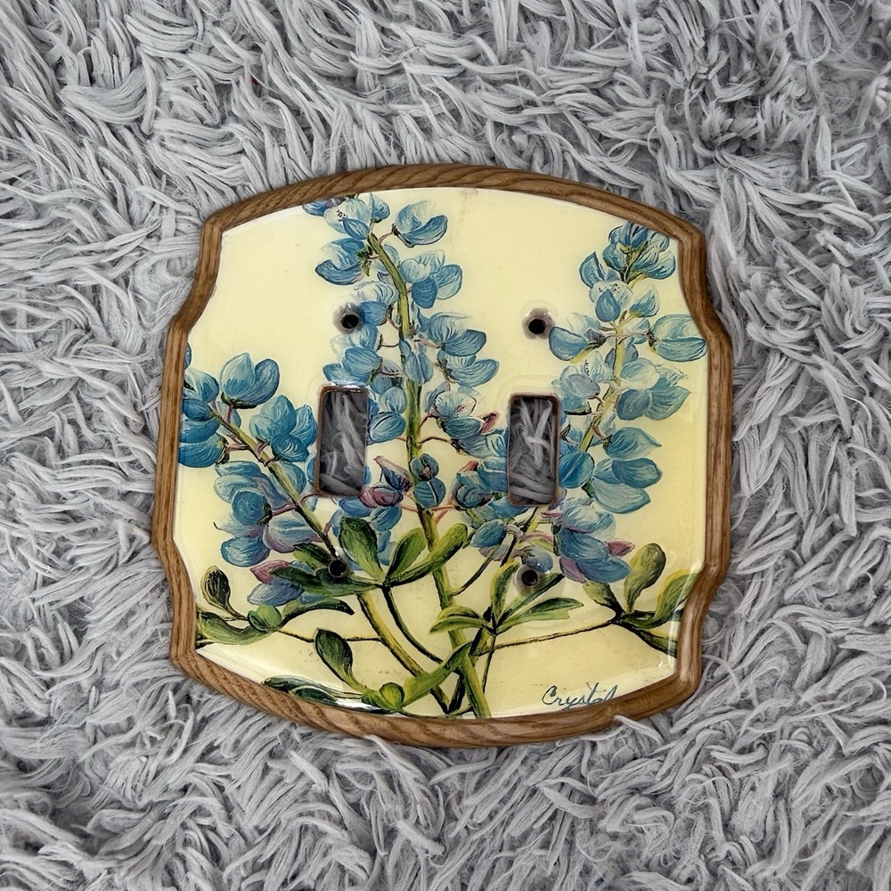 Double Toggle Switch Plate Blue Lupine Bluebonnets Floral Wood Wall Cover VTG